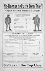 No-license tells its own tale! Object lessons from Masterton (Published by the Masterton-Wairarapa No-License Council). Strike out the top line. [1911].