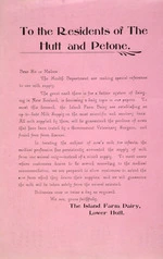 Island Farm Dairy, Lower Hutt :To the residents of the Hutt and Petone. [Flier. 1905].