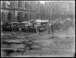 Scene, probably in Cathedral Square in Christchurch, with Hupmobiles and Hudsons cars