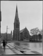 Christchurch Cathedral, showing The Christchurch Press building and tram shelter in Cathedral Square