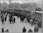 Crowd and parade of World War I soldiers marching, Cathedral Square, Christchurch