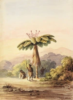 White, Frederick John, fl 1837-1848 :[Tree fern with three Maori at sunset. Hutt Valley? 1848 or 1849?]