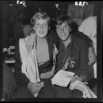 Two unidentified swimmers at the 1955 National Swimming Championships, Riddeford Swimming Baths, Lower Hutt City, Wellington Region