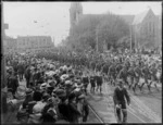 Parade procession of soldiers, World War One, Cathedral Square, Christchurch