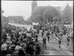 Brass band and Red Cross nurses in the parade procession, World War One, Cathedral Square, Christchurch