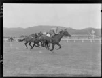 Jockeys racing horses at track trial for Wellington Cup day, Trentham Racecourse, Upper Hutt