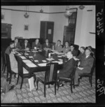 Unidentified group of International delegates, at the Colombo Plan conference held in the Legislative Council Chambers, Parliament House, Wellington