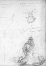 Collinson, Thomas Bernard 1822-1902 :This was a considerable chief of Putiki. The tattooing I drew did not satisfy him so he drew this himself. His name written by himself - Kawana. Pitiroi. Paipai. His "ware" or hut. [1846]