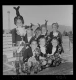 Group of children in scottish highland dancing costume, at Hutt Recreation Ground, Lower Hutt