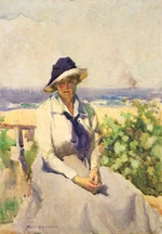 Sherwood, Maud Winifred [Kimbell] 1880-1956 :[Woman in blue and white. 1920?]