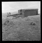 Gun emplacement at the army fort on Wrights Hill, Karori, Wellington, including two men in military uniform