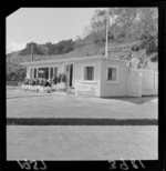 Bowlers outside the Victoria Ladies' Bowling Club, Wellington