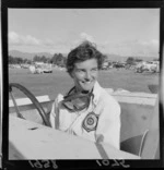 Portrait of Ivy Stephenson, race car driver, at Levin, Southern Manawatu