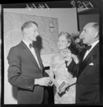 Tony Murray-Oliver with an unidentified man and woman at a Wine and Food Society evening, [Wellington?]
