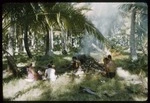 PA12-0516-11: Members of the Marsters' Third Family eating a meal in a clearing among palm trees, on Palmerston Island, Cook Islands