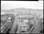 Aerial view of Mercer Street and Wakefield Street, Wellington, showing Wellington Public Library