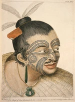 Parkinson, Sydney, 1745-1771 :The head of a chief of New Zealand, the face curiously tataow'd, or marked according to their manner. S. Parkinson del. T. Chamber sc. London, 1784. Plate XVI.