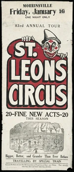 Morrinsville, Friday, January 16. One night only. 83rd annual tour. St Leons Circus. 20 fine new acts this season. [1925].