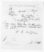 1 page written 30 Jan 1874 by an unknown author in Napier City to Sir Donald McLean in Wellington, from Native Minister and Minister of Colonial Defence - Inward telegrams