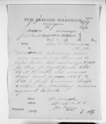 1 page written 9 Mar 1872 by Colonel William Moule to Sir Donald McLean, from Native Minister and Minister of Colonial Defence - Inward telegrams
