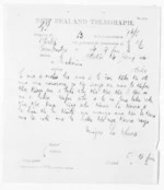 1 page written 14 Jan 1874 by an unknown author in Cambridge to Sir Donald McLean in Otaki, from Native Minister and Minister of Colonial Defence - Inward telegrams