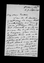 4 pages written 27 Apr 1871 by Sir Robert Donald Douglas Maclean in Wellington to Sir Donald McLean, from Inward family correspondence - Douglas Maclean (son)