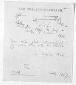 1 page written 14 Jan 1874 by George Maurice O'Rorke in Wellington City to Sir Donald McLean in Otaki, from Native Minister and Minister of Colonial Defence - Inward telegrams
