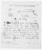 3 pages written 13 Jan 1874 by Francis Edwards Hamlin to Sir Donald McLean in Otaki, from Native Minister and Minister of Colonial Defence - Inward telegrams