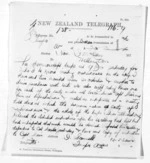 1 page written 20 Feb 1874 by an unknown author in Taupo to Sir Donald McLean in Wellington, from Native Minister and Minister of Colonial Defence - Inward telegrams