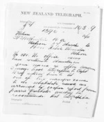 2 pages written 21 Mar 1874 by Sir Julius Vogel in Wellington to Sir Donald McLean in Nelson Region, from Native Minister and Minister of Colonial Defence - Inward telegrams