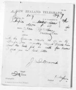 1 page written 11 Mar 1874 by John Davies Ormond in Napier City to Sir Donald McLean in Wellington, from Native Minister and Minister of Colonial Defence - Inward telegrams