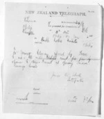 1 page to Sir Donald McLean in Otaki, from Native Minister and Minister of Colonial Defence - Inward telegrams