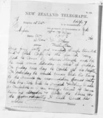 2 pages written 10 Mar 1874 by John Davies Ormond in Napier City to Sir Donald McLean in Wellington, from Native Minister and Minister of Colonial Defence - Inward telegrams