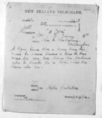 1 page to Sir Donald McLean in Wellington, from Native Minister and Minister of Colonial Defence - Inward telegrams