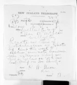 1 page written 20 Sep 1871 by Richard Watson Woon in Wanganui to Sir Donald McLean in Wellington, from Native Minister and Minister of Colonial Defence - Inward telegrams
