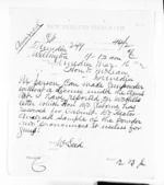 1 page written 16 Mar 1872 by an unknown author in Wellington to Sir Donald McLean in Dunedin City, from Native Minister and Minister of Colonial Defence - Inward telegrams