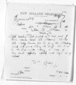 1 page written 20 Mar 1874 by John Gordon in Napier City to Sir Donald McLean in Wellington, from Native Minister and Minister of Colonial Defence - Inward telegrams