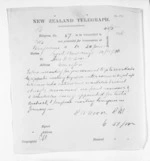 1 page written 14 Oct 1871 by Richard Watson Woon in Wanganui to Sir Donald McLean in Wellington, from Native Minister and Minister of Colonial Defence - Inward telegrams