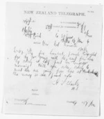 1 page written 13 Jan 1874 by Henry Tacy Clarke to Sir Donald McLean in Otaki, from Native Minister and Minister of Colonial Defence - Inward telegrams