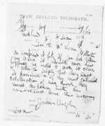 1 page written 3 Mar 1874 by Sir Julius Vogel in Auckland City to Sir Donald McLean in Wellington, from Native Minister and Minister of Colonial Defence - Inward telegrams