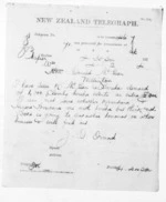 1 page written 4 Feb 1874 by John Davies Ormond in Napier City to Sir Donald McLean in Wellington City, from Native Minister and Minister of Colonial Defence - Inward telegrams