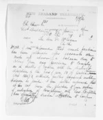 5 pages written 19 Mar 1872 by William Gisborne to Sir Donald McLean, from Native Minister and Minister of Colonial Defence - Inward telegrams