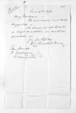 1 page written 9 Jun 1870 by Captain Walter Charles Brackenbury to Sir Donald McLean in Wellington, from Inward letters -  W C Brackenbury