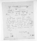 1 page written 8 Mar 1872 by an unknown author in Wellington to Sir Donald McLean, from Native Minister and Minister of Colonial Defence - Inward telegrams