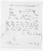 1 page written 13 Jan 1874 by an unknown author in Cambridge to Sir Donald McLean in Otaki, from Native Minister and Minister of Colonial Defence - Inward telegrams