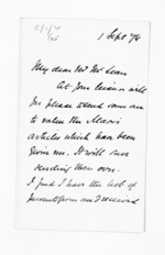 2 pages written 1 Sep 1874 by Sir James Fergusson to Sir Donald McLean, from Inward letters - Sir James Fergusson (Governor)