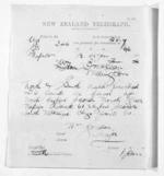 1 page written 21 Mar 1874 by John Gordon in Napier City to Sir Donald McLean in Wellington, from Native Minister and Minister of Colonial Defence - Inward telegrams