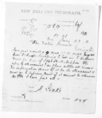 1 page written 23 Aug 1874 by Samuel Locke in Napier City to Sir Donald McLean in Wellington, from Native Minister and Minister of Colonial Defence - Inward telegrams