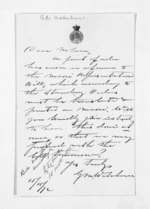 1 page written 15 Oct 1872 by George Marsden Waterhouse to Sir Donald McLean, from Inward letters - Surnames, War - Wat