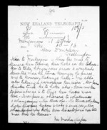 1 page written 20 Dec 1872 by an unknown author in Wanganui to Sir Donald McLean in Wellington, from Native Minister - Inward telegrams
